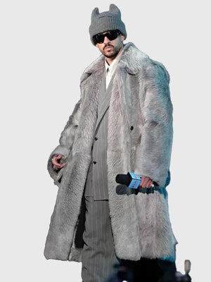 Recreated plush grey fur coat referencing Bad Bunny’s 2026 Super Bowl LX Apple Music Halftime Show ensemble with high-impact oversized styling.