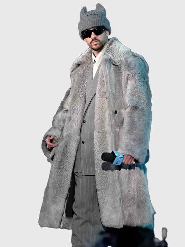 Recreated plush grey fur coat referencing Bad Bunny’s 2026 Super Bowl LX Apple Music Halftime Show ensemble with high-impact oversized styling.