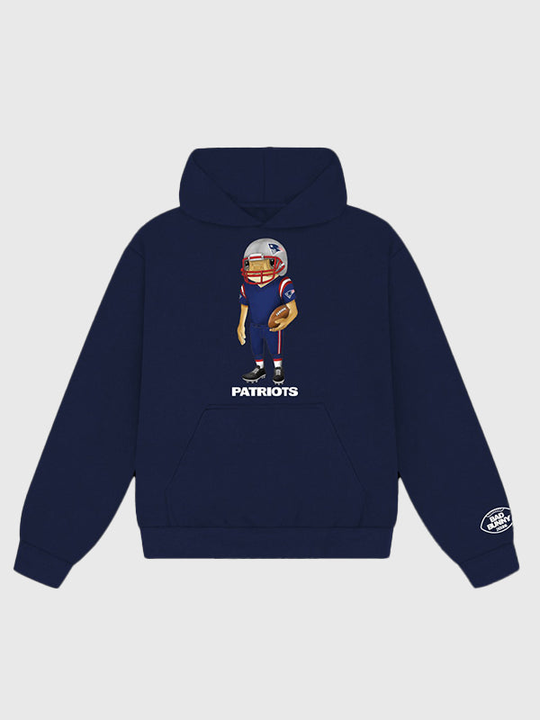 Navy fleece pullover hoodie featuring New England Patriots x Bad Bunny 2026 concho graphic design