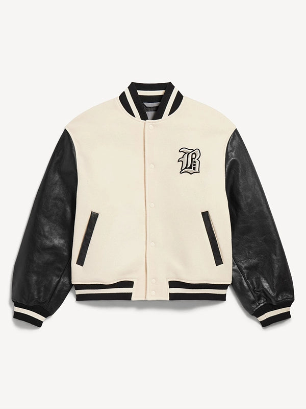 Unisex NBA x Balenciaga 2026 collaboration wool varsity jacket in cream with black leather sleeves and bold courtside energy