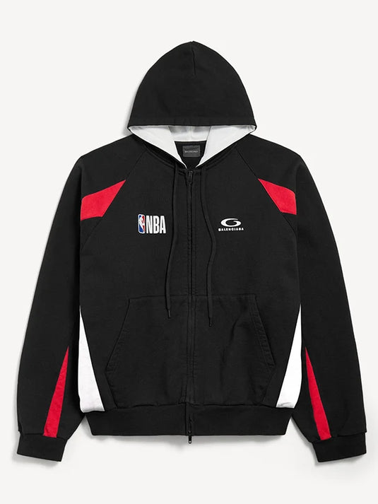 Black oversized zip-up fleece hoodie from NBA x Balenciaga 2026 featuring a relaxed unisex fit and elevated courtside style
