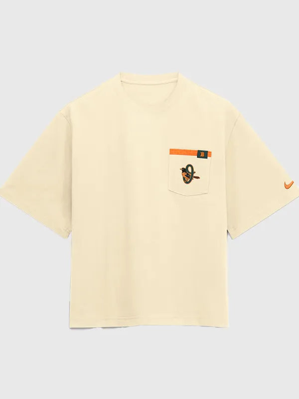 Recreated Nike Baltimore Orioles 2026 City Connect cream pocket t-shirt with oversized boxy silhouette and modern styling