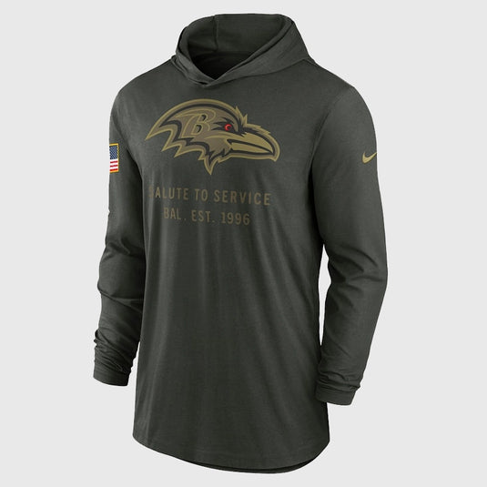 2025 Baltimore Ravens Salute to Service forest green hoodie T-shirt by Nike featuring breathable sideline-inspired athletic design.