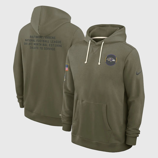 Baltimore Ravens Nike 2025 Salute to Service hoodie in olive green made from soft Dri-FIT fleece for lasting comfort.