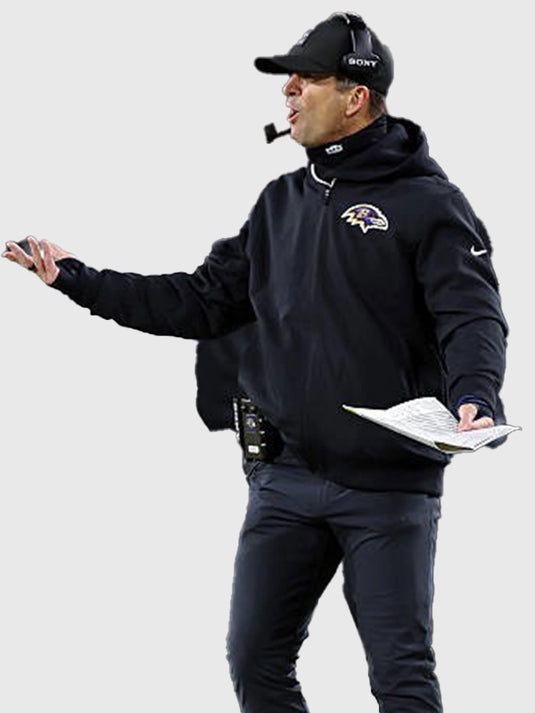 Black recreated bomber jacket inspired by John Harbaugh Baltimore Ravens sideline aesthetic with minimalist design