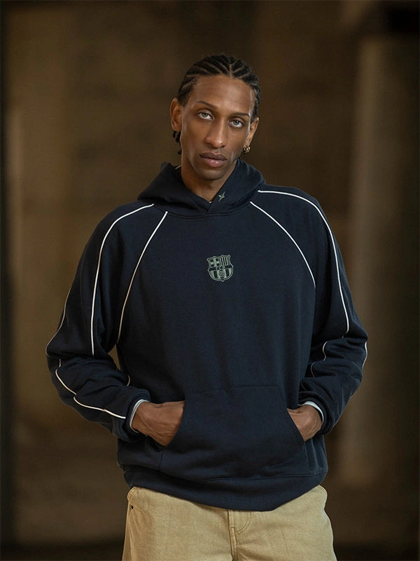 Recreated Barça Aftermatch Collection grey fleece hoodie with relaxed unisex fit and club‑inspired graphic