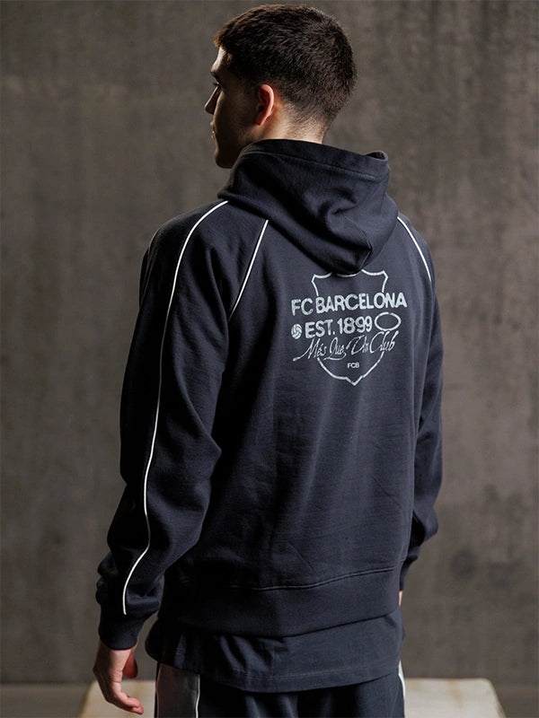 Recreated grey fleece hoodie with Barça Aftermatch branding and cozy hooded pullover style