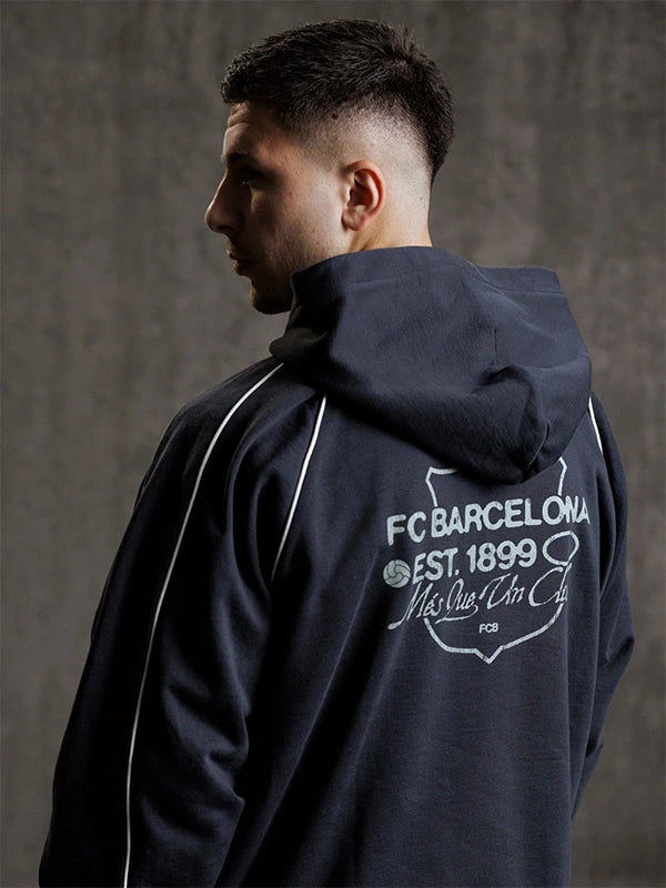 Recreated Barça Aftermatch Collection grey fleece hoodie with relaxed unisex fit and club‑inspired graphic