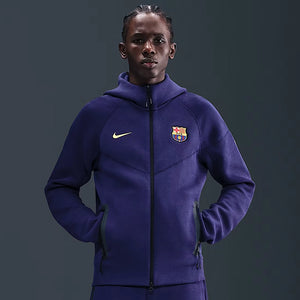 Nike FC Barcelona Tech Windrunner hoodie featuring a sleek full-zip design and soft fleece fabric.