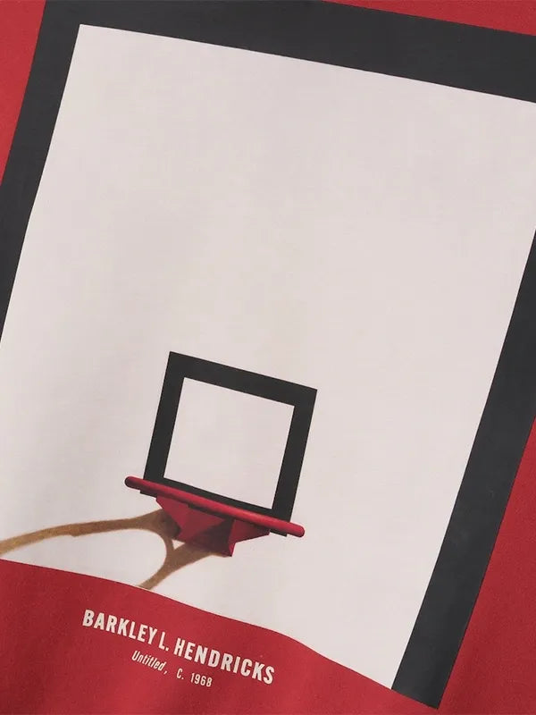 Recreated red Fear of God x Barkley L. Hendricks 76ers hoodie offering kangaroo pocket and throwback team styling
