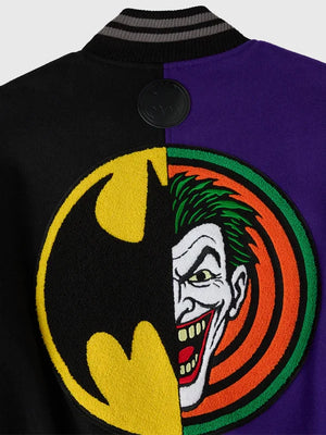RECREATED October’s Very Own Batman Joker 2026 Black & Purple Varsity Jacket offering a bold contrast look with modern streetwear appeal