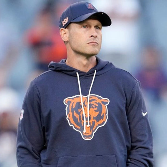 Ben Johnson 2025 Chicago Bears Navy Pullover Sideline Hoodie by Nike with soft fleece interior for all-day wear.