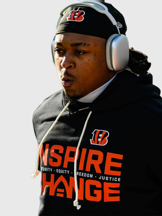 2025 Cincinnati Bengals Nike Inspire Change black sideline pullover hoodie featuring Opportunity Equity Freedom Justice details