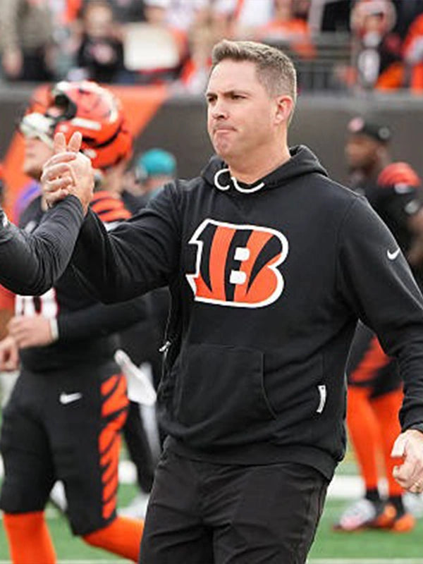 Recreated Cincinnati Bengals black sideline hoodie in fleece styled after Coach Zac Taylor