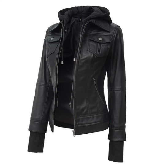 Bethany Black Hooded Leather Jacket for Womens