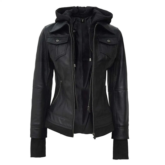 Bethany Black Hooded Leather Jacket for Womens