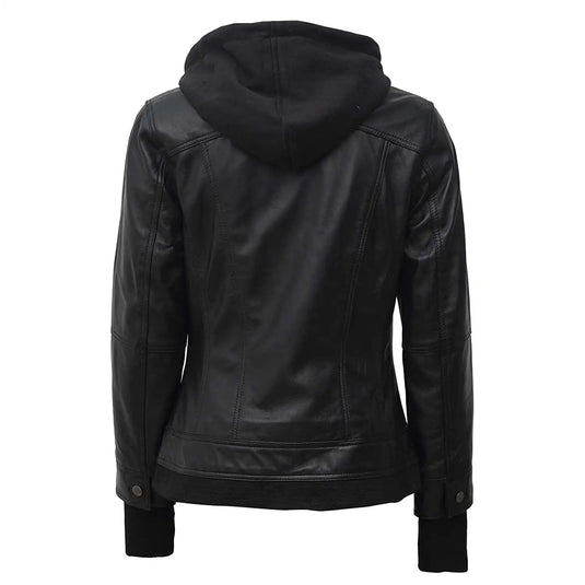 Bethany Black Hooded Leather Jacket for Womens