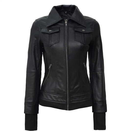 Bethany Black Hooded Leather Jacket for Womens