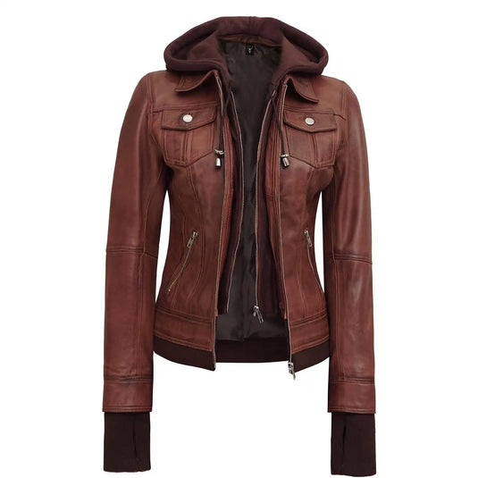 Bethany Brown Hooded Leather Jacket for Womens