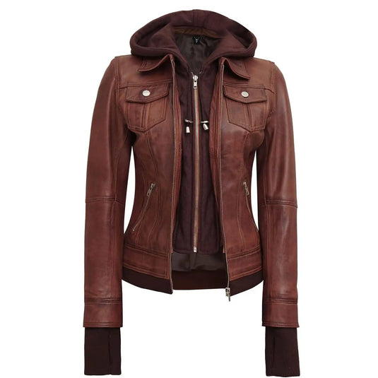 Bethany Brown Hooded Leather Jacket for Womens