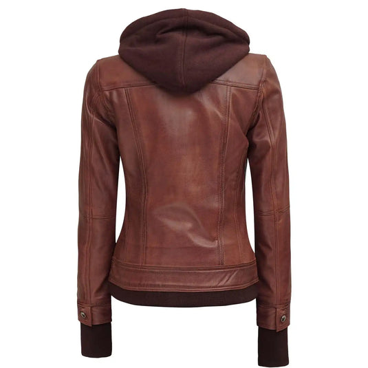 Bethany Brown Hooded Leather Jacket for Womens