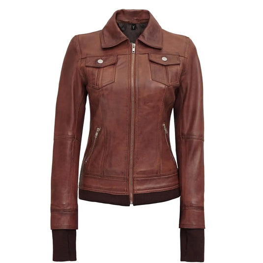 Bethany Brown Hooded Leather Jacket for Womens