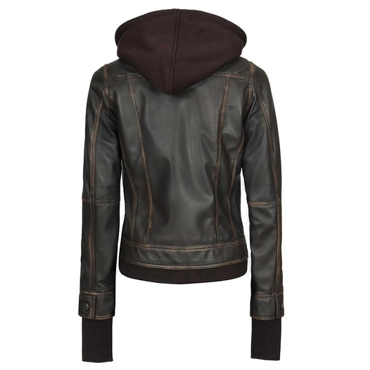 Bethany Distressed Brown Hooded Leather Jacket