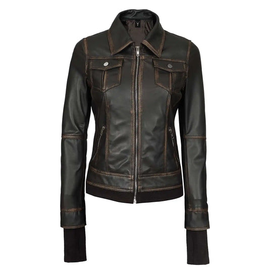 Bethany Distressed Brown Hooded Leather Jacket