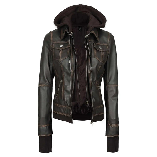 Bethany Distressed Brown Hooded Leather Jacket