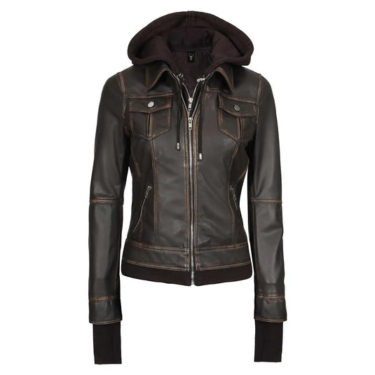 Bethany Distressed Brown Hooded Leather Jacket