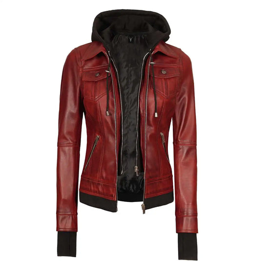 Bethany Red Hooded Leather Jacket