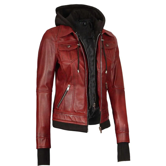 Bethany Red Hooded Leather Jacket