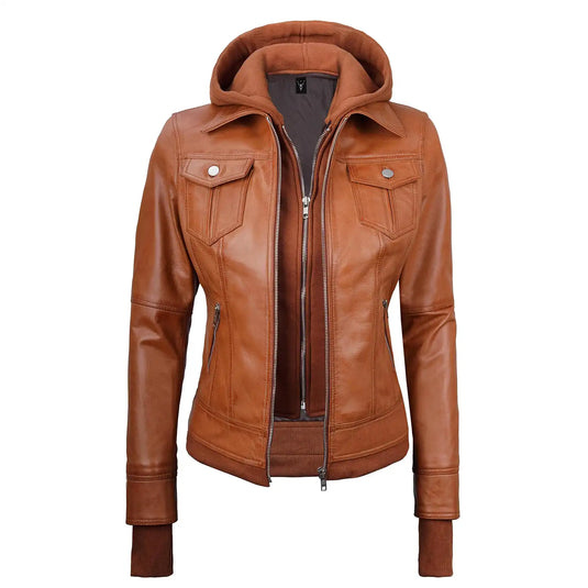 Bethany Tan Brown Sheepskin Leather Jacket with Hood