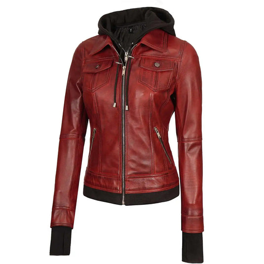 Bethany Red Hooded Leather Jacket