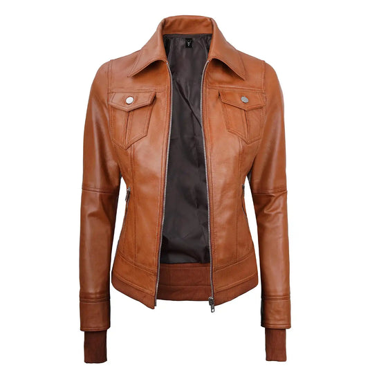 Bethany Tan Brown Sheepskin Leather Jacket with Hood