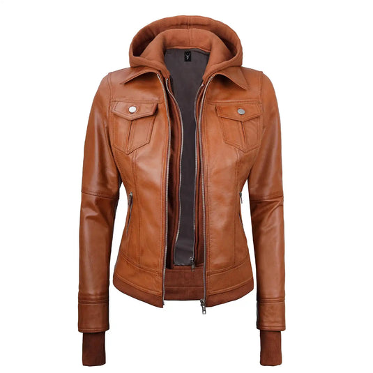 Bethany Tan Brown Sheepskin Leather Jacket with Hood