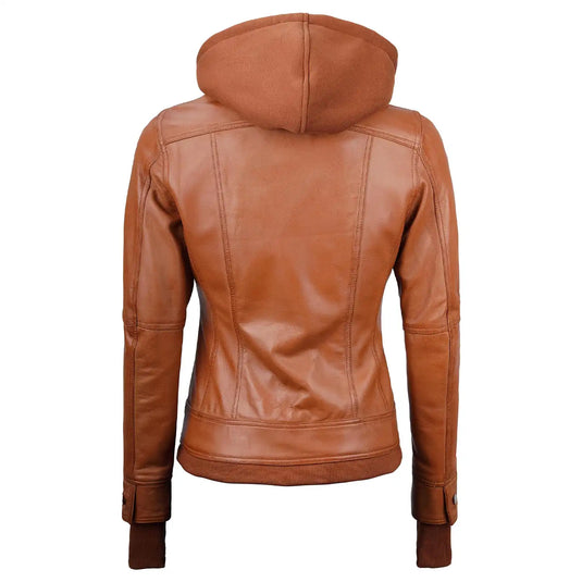 Bethany Tan Brown Sheepskin Leather Jacket with Hood