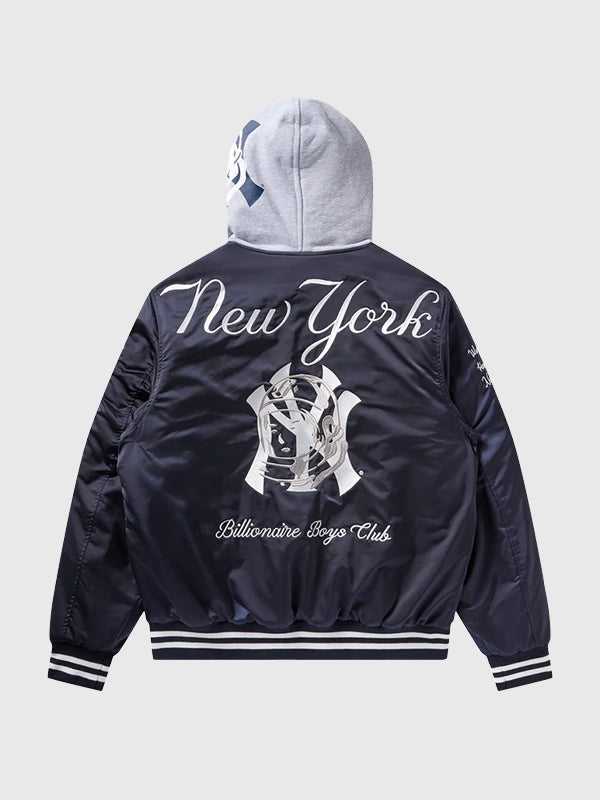 RECREATED BBC x New York Yankees Navy Satin Jacket showcasing a clean silhouette with modern streetwear and baseball-inspired detailing