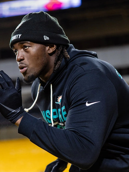 Miami Dolphins Inspire Change 2025 black hoodie by Nike showcasing Opportunity Equity Freedom Justice design