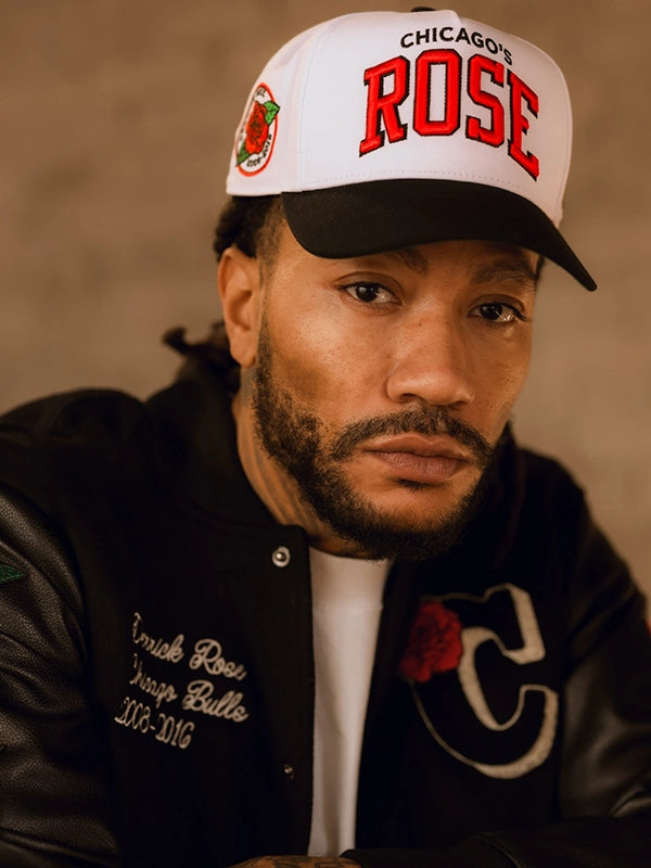 RECREATED Derrick Rose Chicago Bulls letterman jacket in black featuring a full-snap closure and structured silhouette