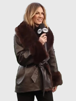 RECREATED Erin Andrews 2025 NFC Championship black coat featuring smooth faux leather construction