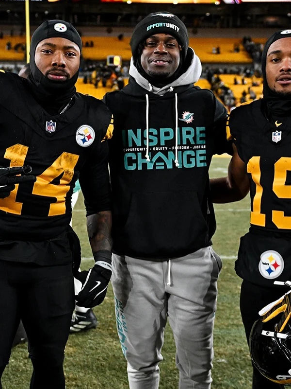 Nike black sideline pullover hoodie for Miami Dolphins 2025 featuring Opportunity Equity Freedom Justice lettering
