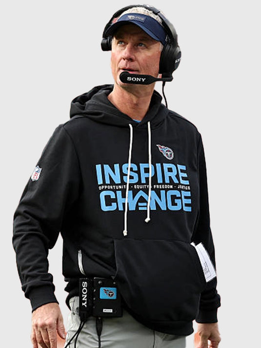 Tennessee Titans Mike McCoy–inspired Inspire Change 2025 black sideline hoodie with bold typography