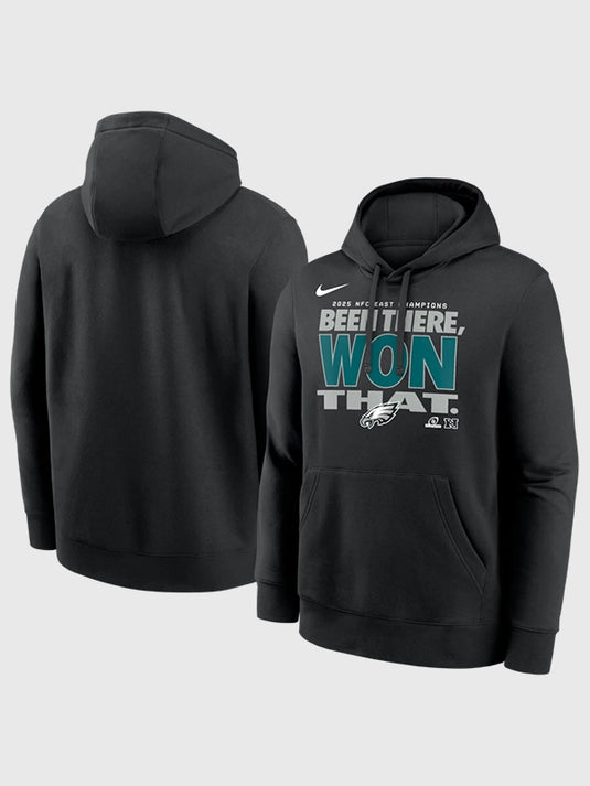 Black fleece hoodie by Nike featuring Philadelphia Eagles 2025 NFC East Division Champions Locker Room Trophy Collection design
