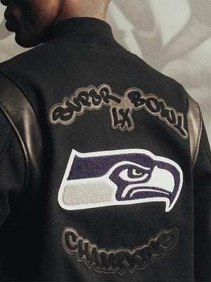 Seattle Seahawks Super Bowl LX Champions black artisan jacket featuring premium wool body and leather sleeve inserts, hand‑made in San Francisco