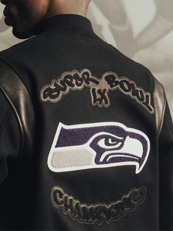 Seattle Seahawks Super Bowl LX Champions black artisan jacket featuring premium wool body and leather sleeve inserts, hand‑made in San Francisco