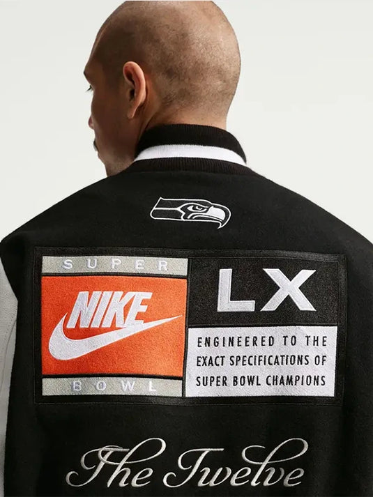 Super Bowl LX Seahawks champions full-snap varsity jacket in black and white with team crest and champion text