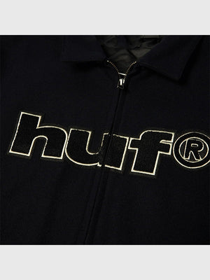 Mickey Worldwide Tour recreation varsity jacket in black wool from Disney x HUF style.