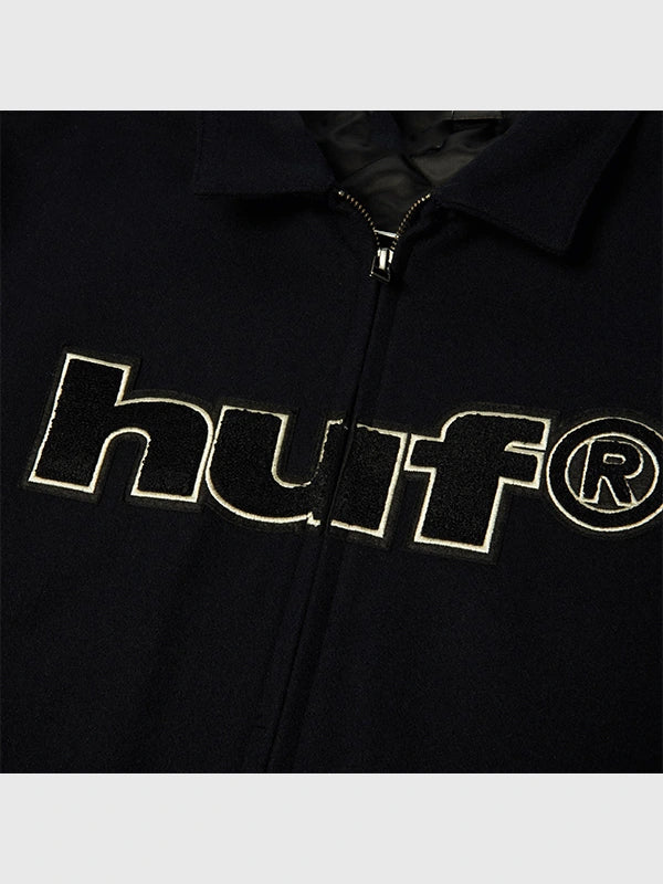 Mickey Worldwide Tour recreation varsity jacket in black wool from Disney x HUF style.