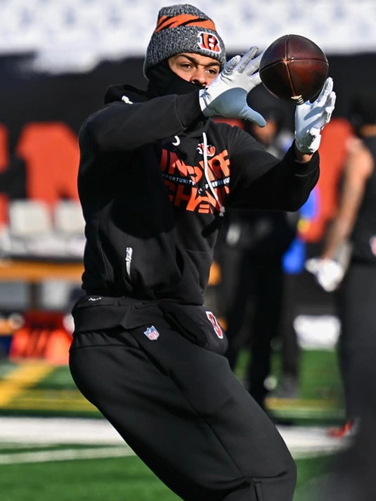 Black Nike sideline pullover hoodie from the Cincinnati Bengals 2025 Inspire Change collection with bold message text